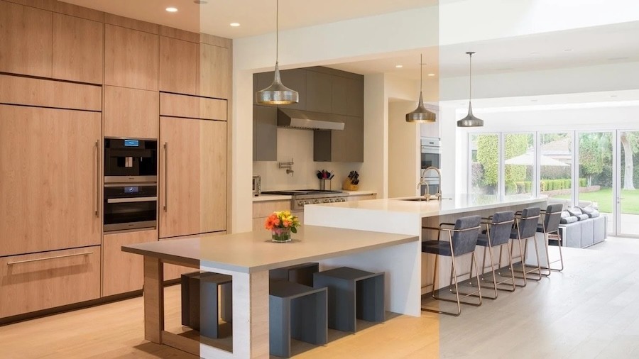 modern kitchen and dining space with three variations of color temperature made possible with Ketra