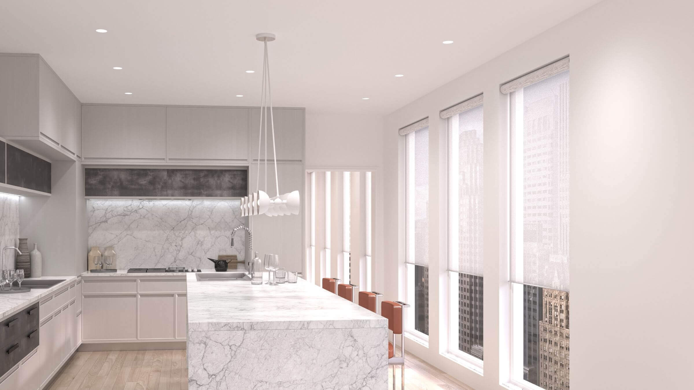 Modern kitchen with marble island, pendant lights, and tall windows with roller shades
